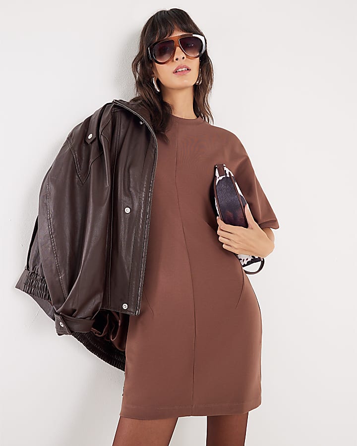 Brown Short Sleeve Mini T-shirt Dress