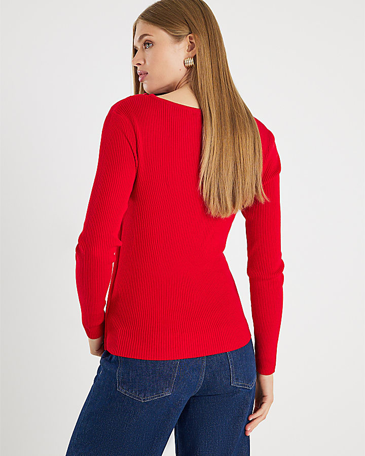 Red Knitted Long Sleeve Aysmmetric Top