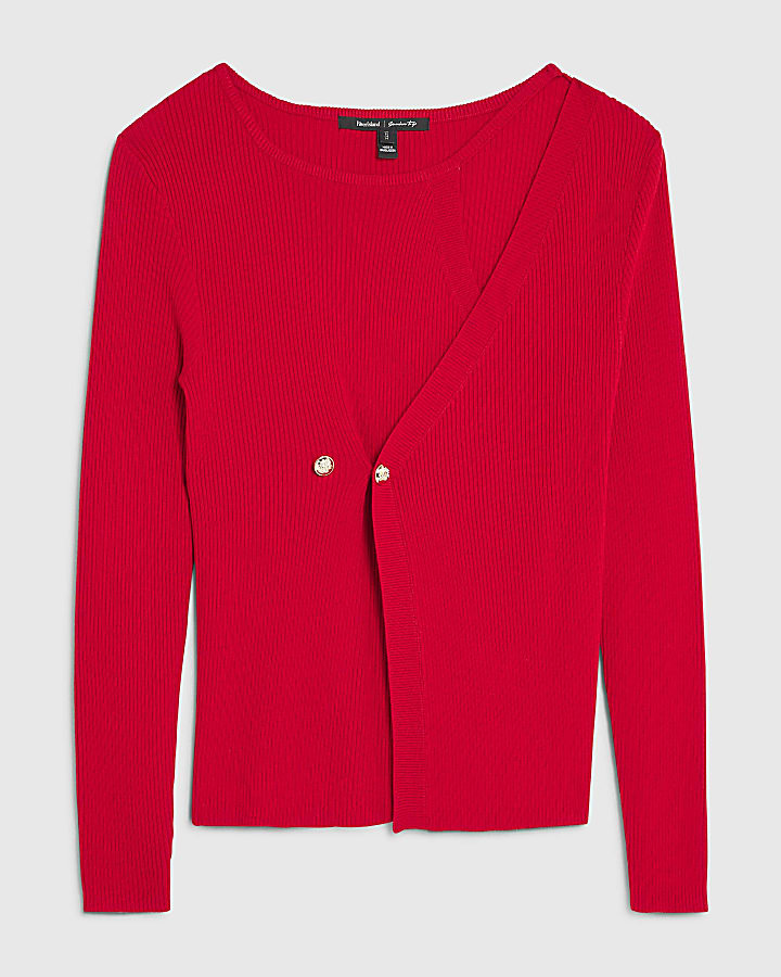 Red Knitted Long Sleeve Aysmmetric Top