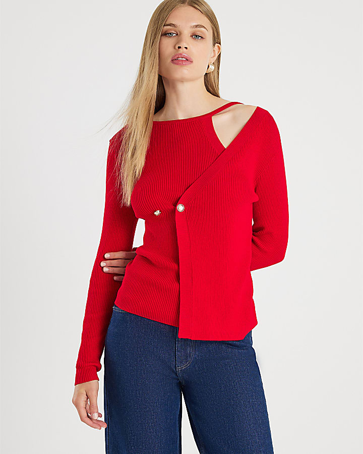 Red Knitted Long Sleeve Aysmmetric Top