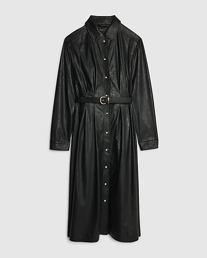 Black Faux Leather Midi Shirt Dress