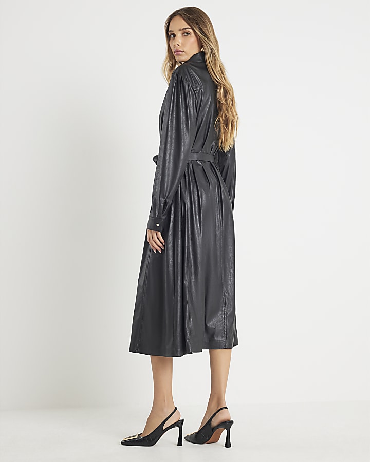 Black Faux Leather Midi Shirt Dress