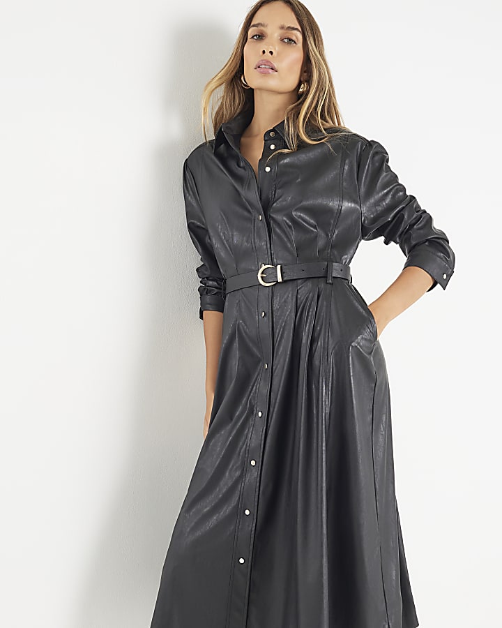 Black Faux Leather Midi Shirt Dress