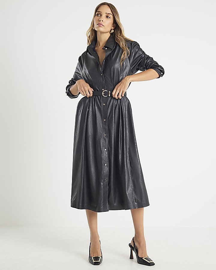 Black Faux Leather Midi Shirt Dress