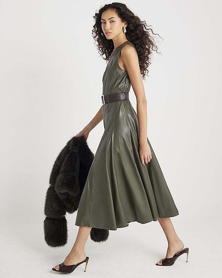 Khaki Faux Leather Midi Dress