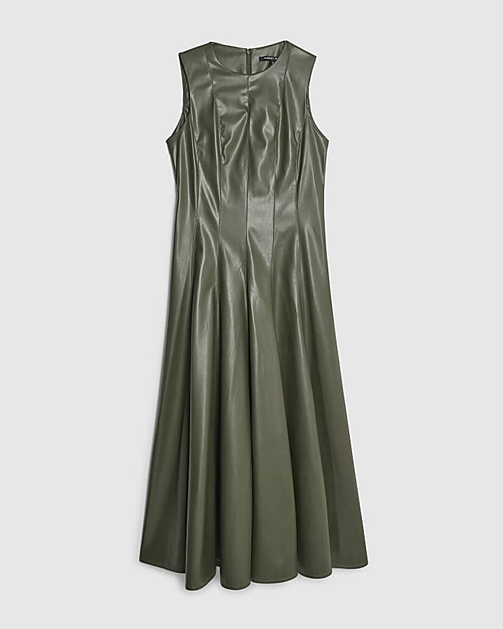Khaki Faux Leather Midi Dress