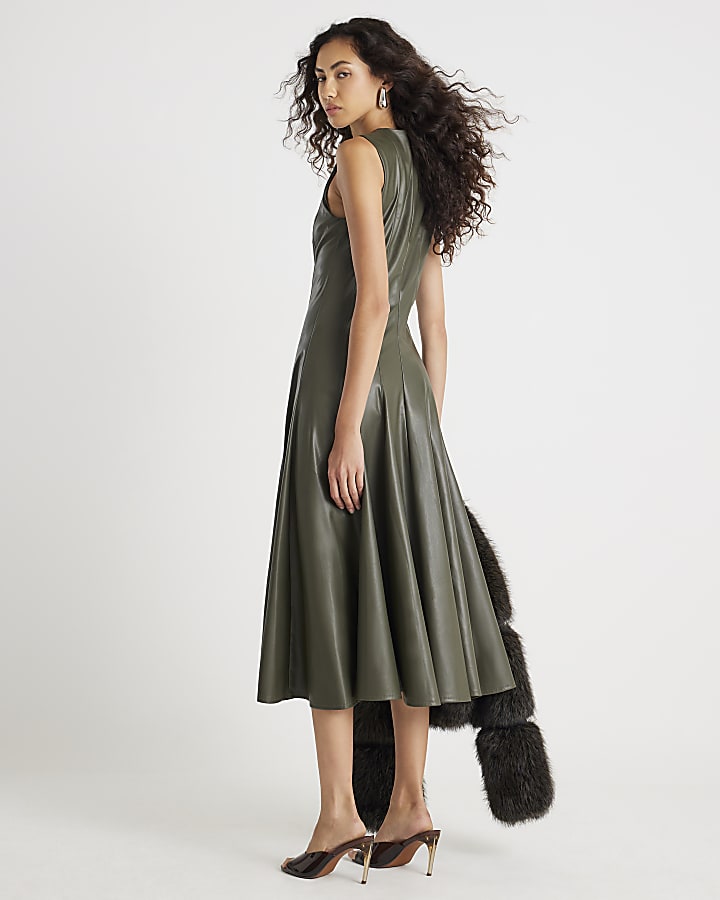 Khaki Faux Leather Midi Dress