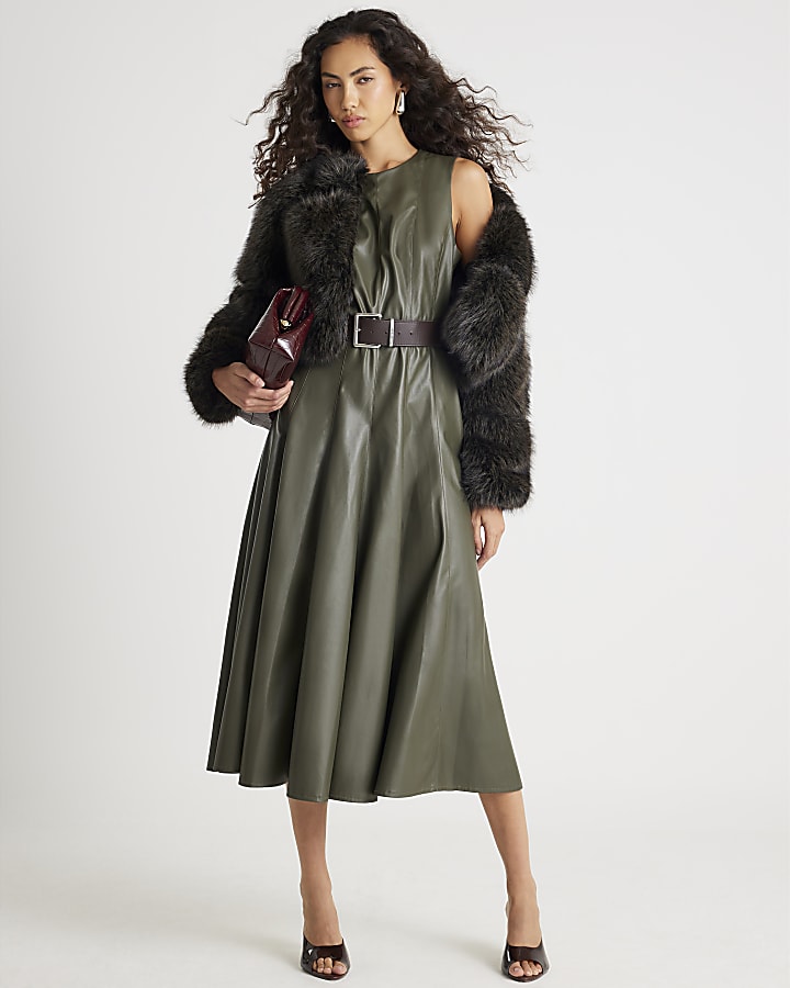 Khaki Faux Leather Midi Dress