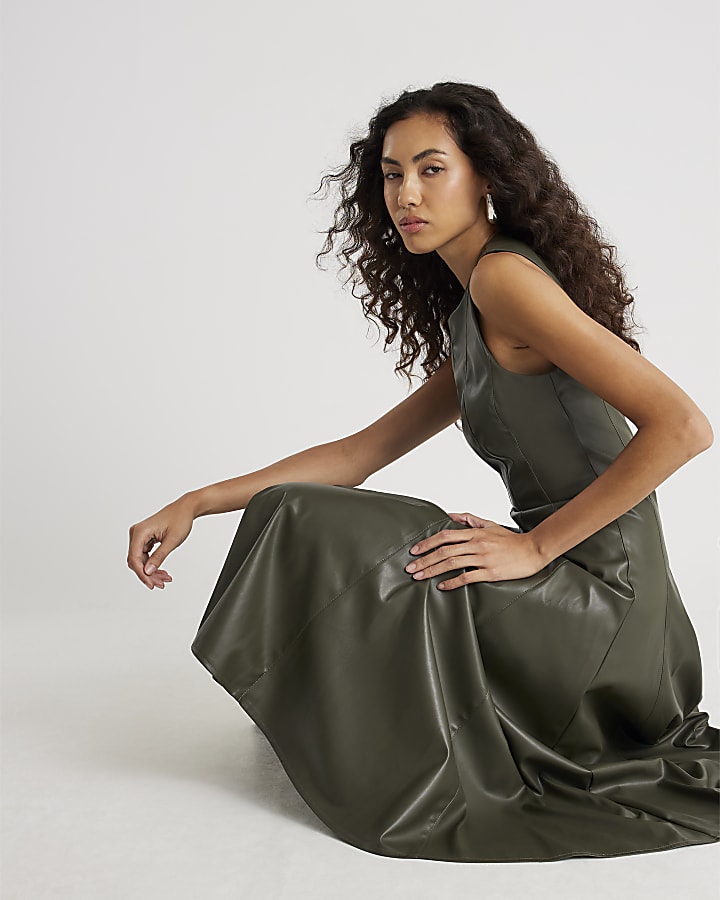 Khaki Faux Leather Midi Dress