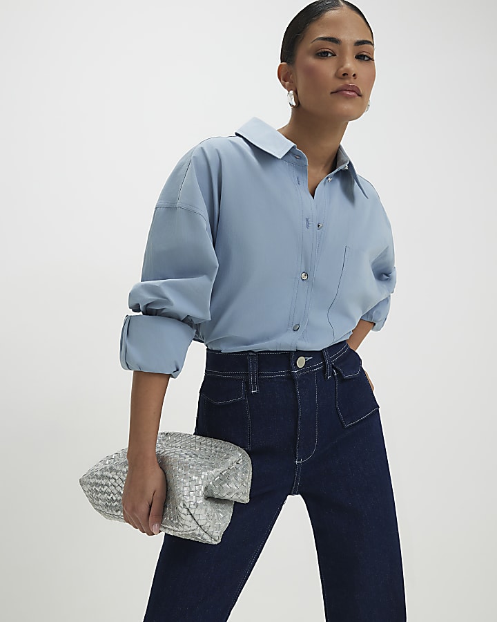 Petite Blue Front Pocket Flared Jeans