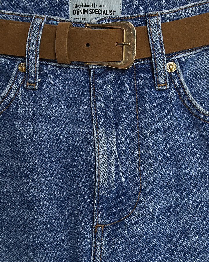 Petite Blue Belted Stretch Straight Leg Jeans