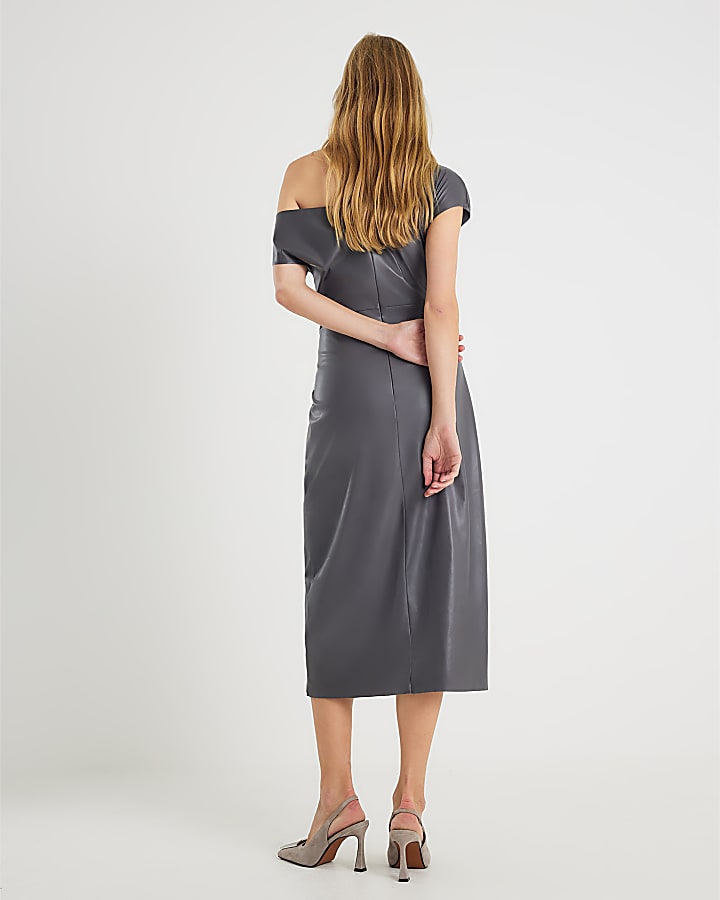 Grey Faux Leather Draped Knot Midi Dress