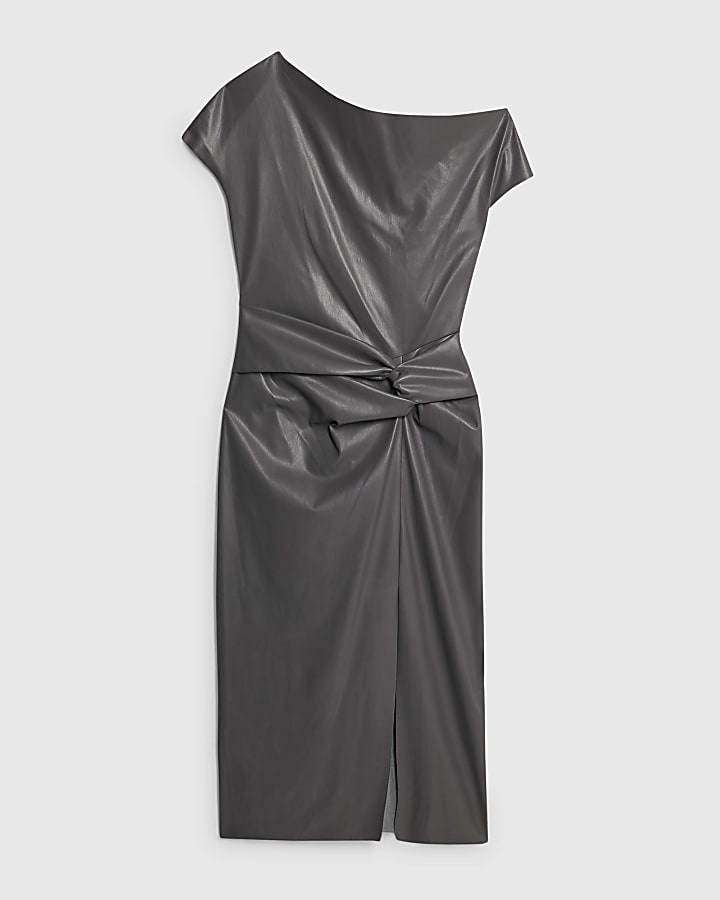 Grey Faux Leather Draped Knot Midi Dress