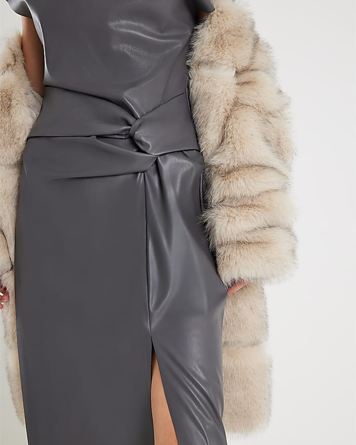 Grey Faux Leather Draped Knot Midi Dress