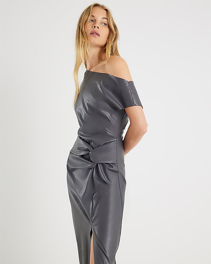 Grey Faux Leather Draped Knot Midi Dress