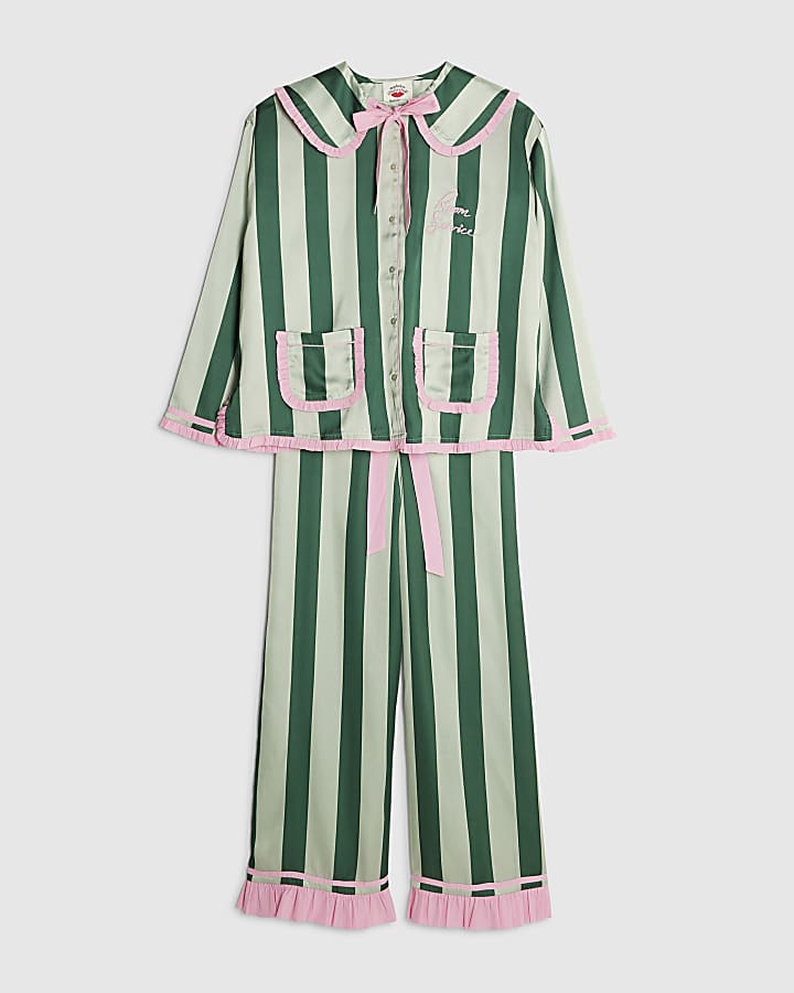 Nephthys Green Satin Striped Pyjama Set
