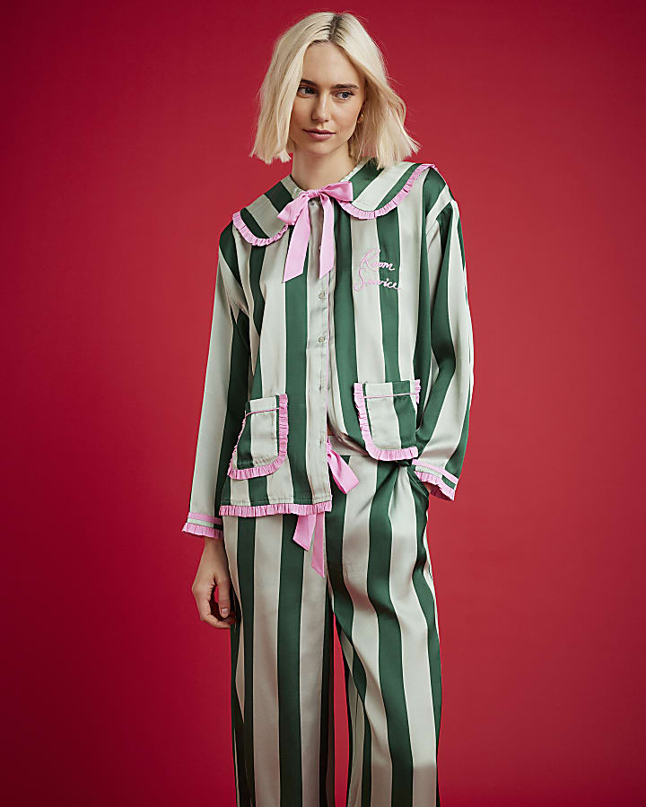 Nephthys Green Satin Striped Pyjama Set