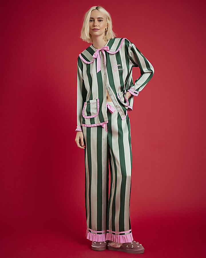 Nephthys Green Satin Striped Pyjama Set