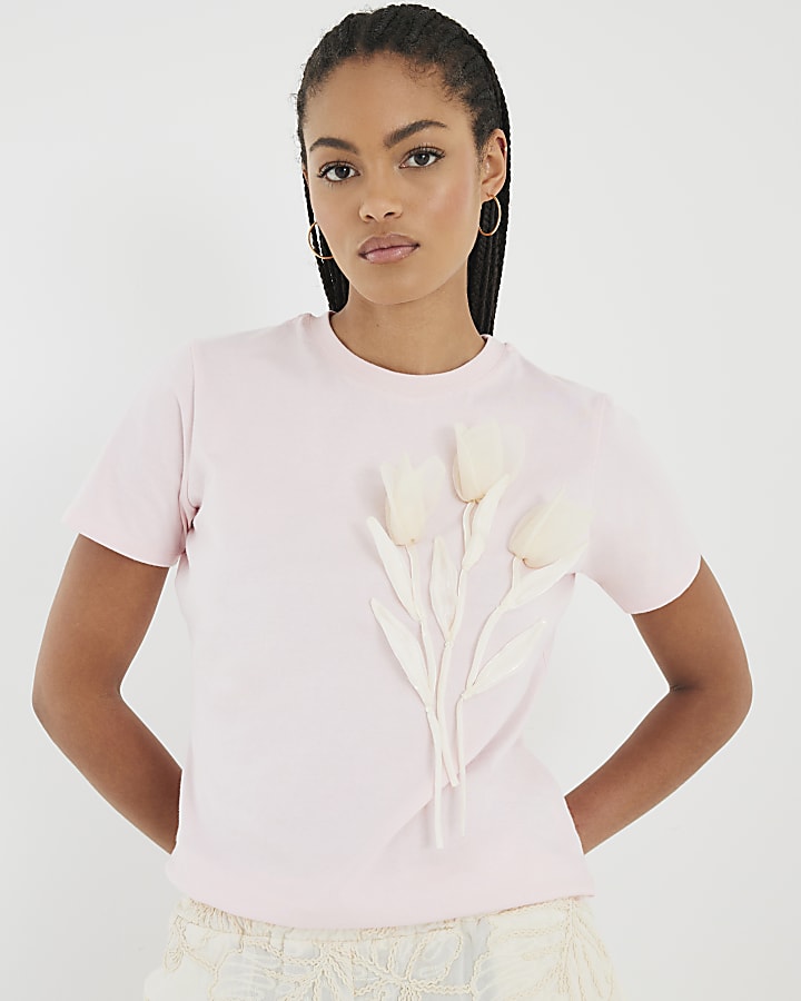 Pink Short Sleeve Organza Flower T-shirt