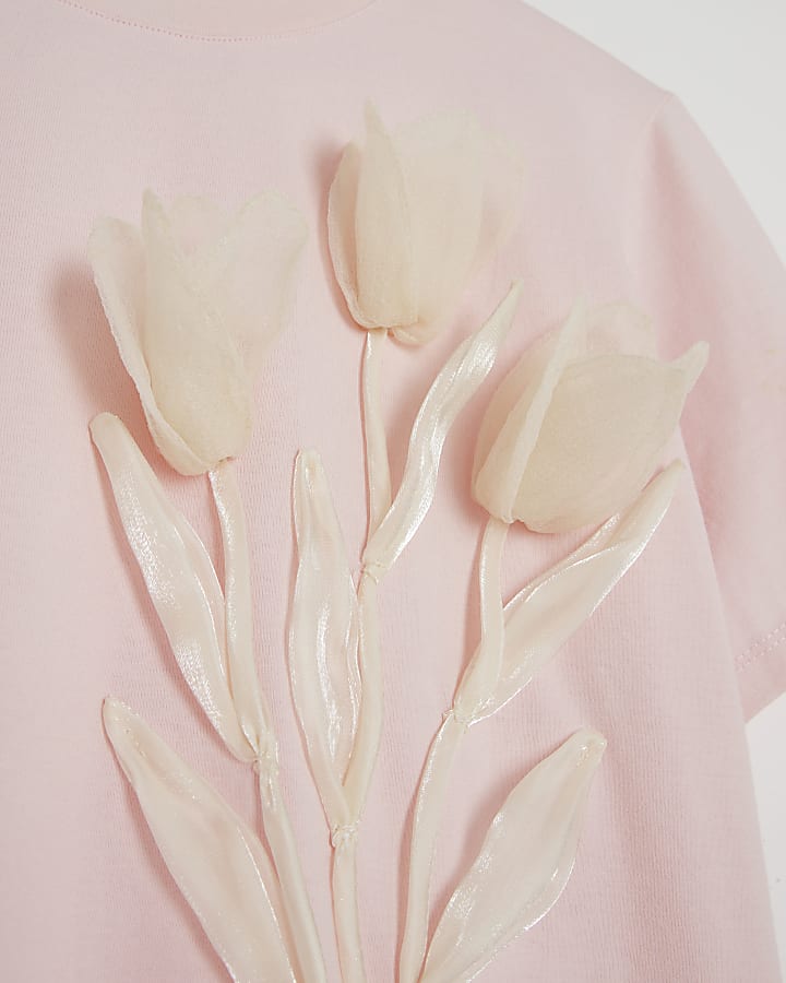 Pink Short Sleeve Organza Flower T-shirt