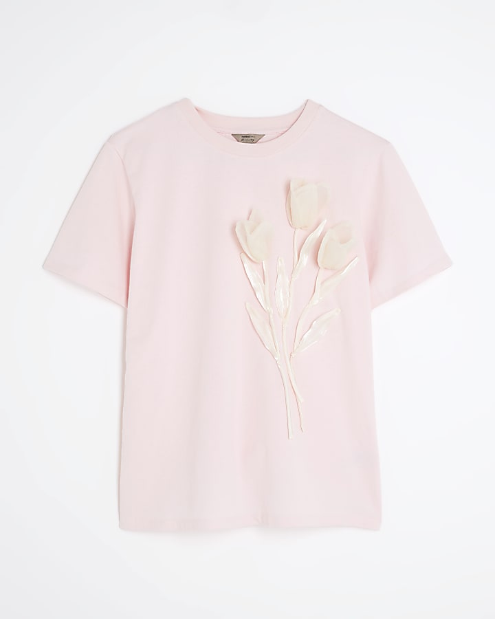 Pink Short Sleeve Organza Flower T-shirt