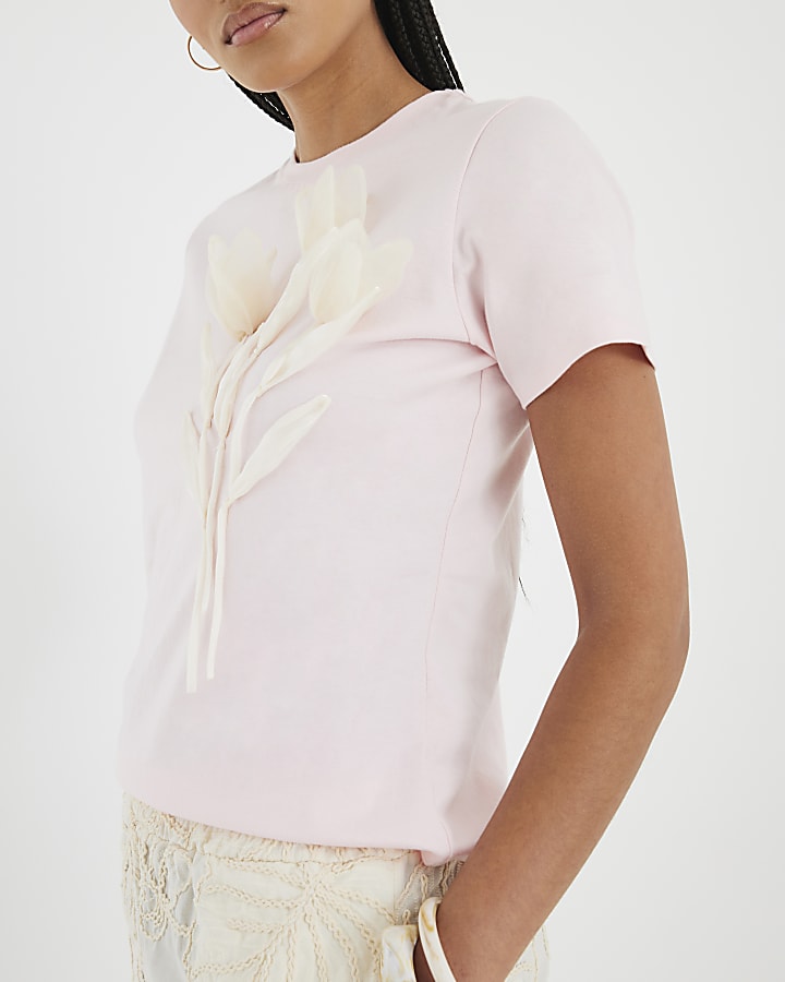 Pink Short Sleeve Organza Flower T-shirt