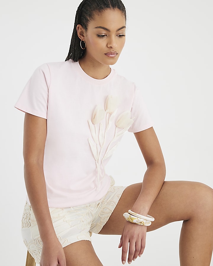 Pink Short Sleeve Organza Flower T-shirt