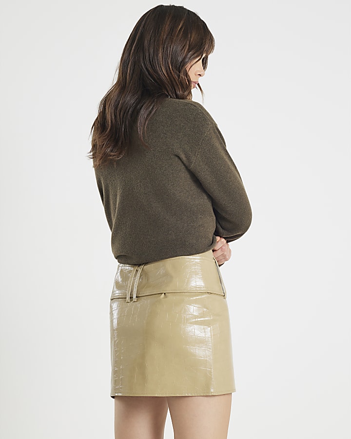 Beige Faux Leather Belted Mini Skirt