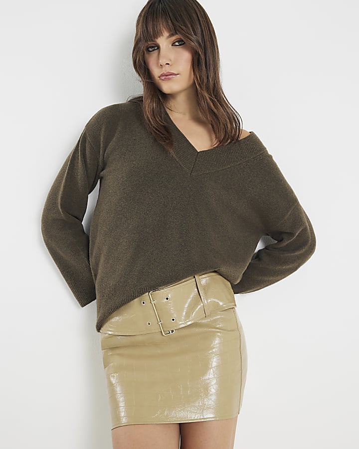 Beige Faux Leather Belted Mini Skirt