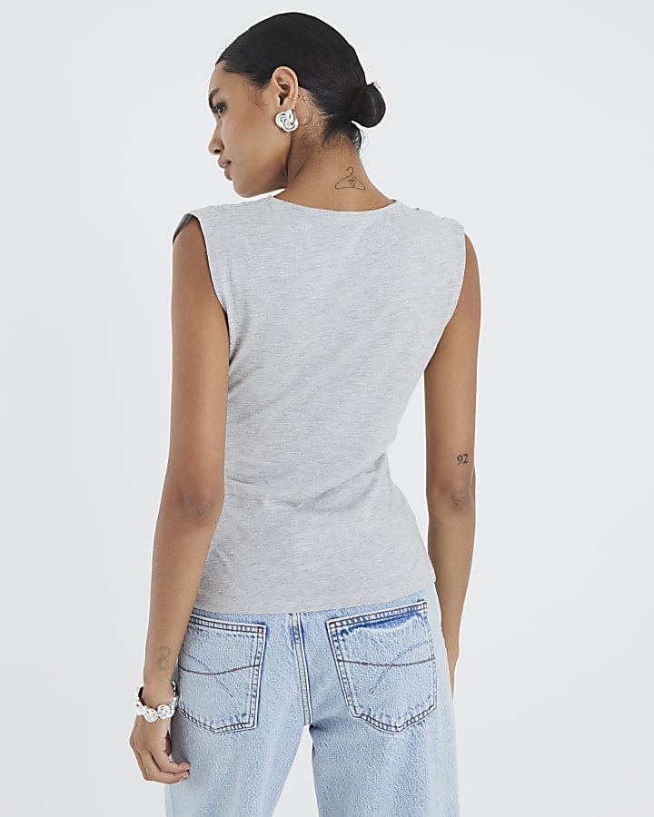 Grey Sleeveless Drape Tank Top
