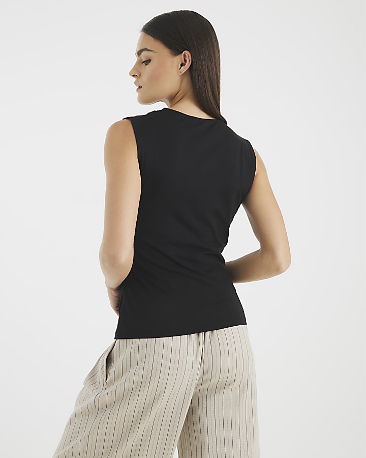 Black Sleeveless Cowl Neck Drape Tank Top