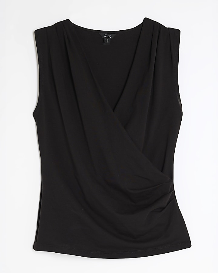 Black Sleeveless Cowl Neck Drape Tank Top