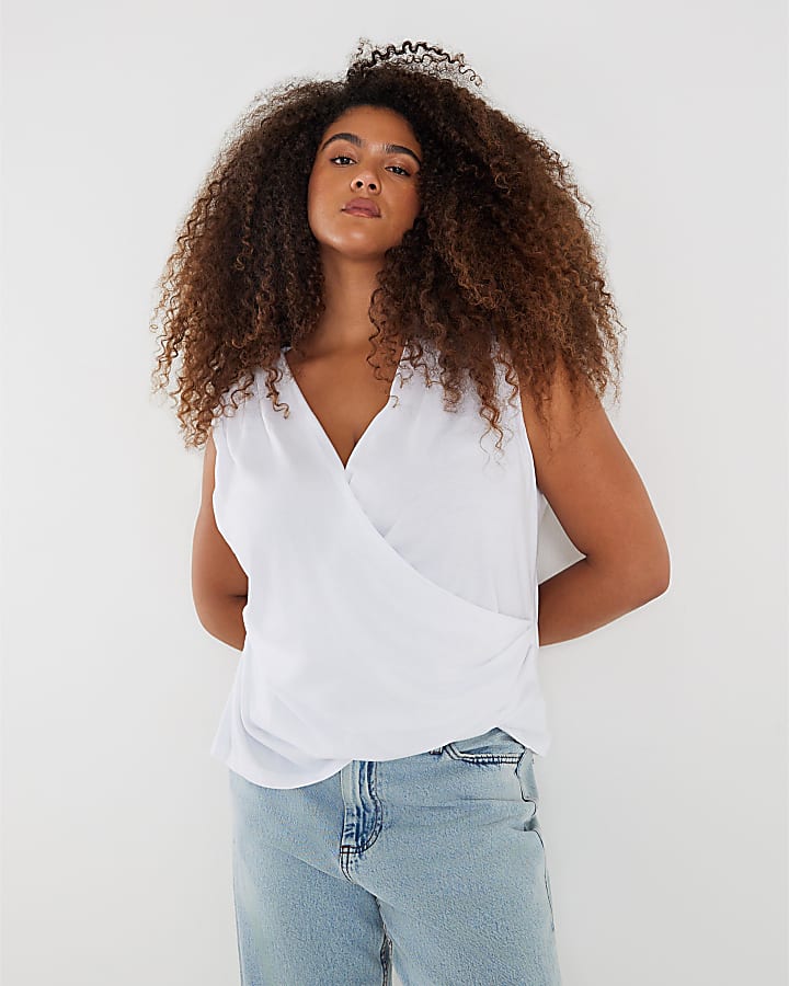 White Sleeveless Cowl Neck Drape Tank Top