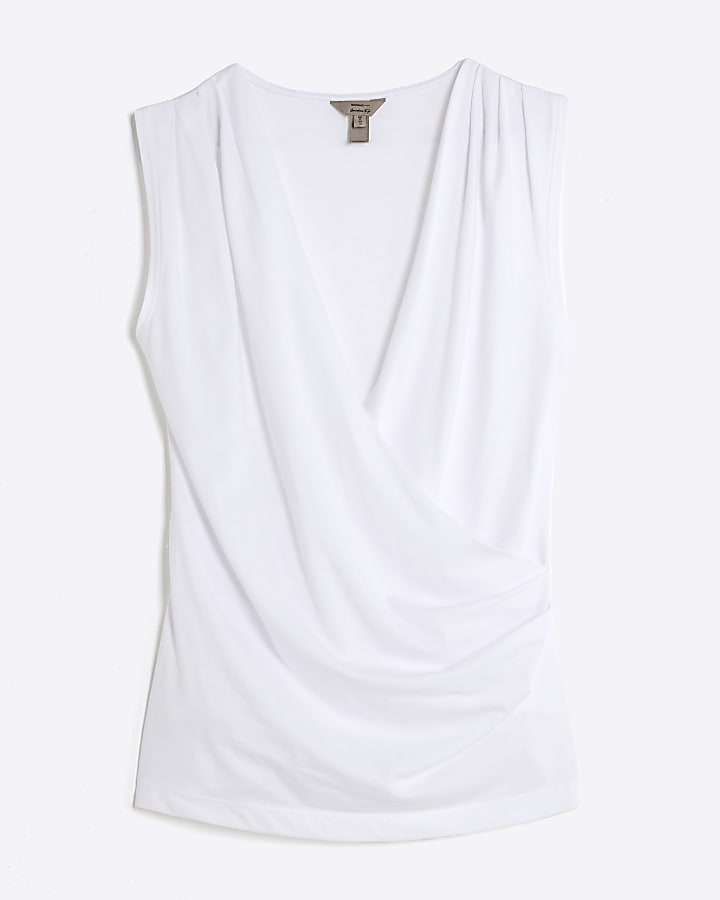 White Sleeveless Cowl Neck Drape Tank Top