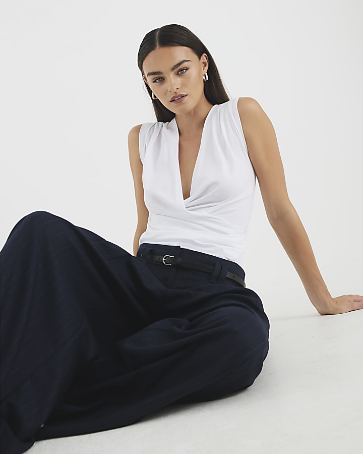 White Sleeveless Cowl Neck Drape Tank Top