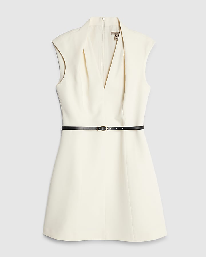White V Neck Belted Mini Dress