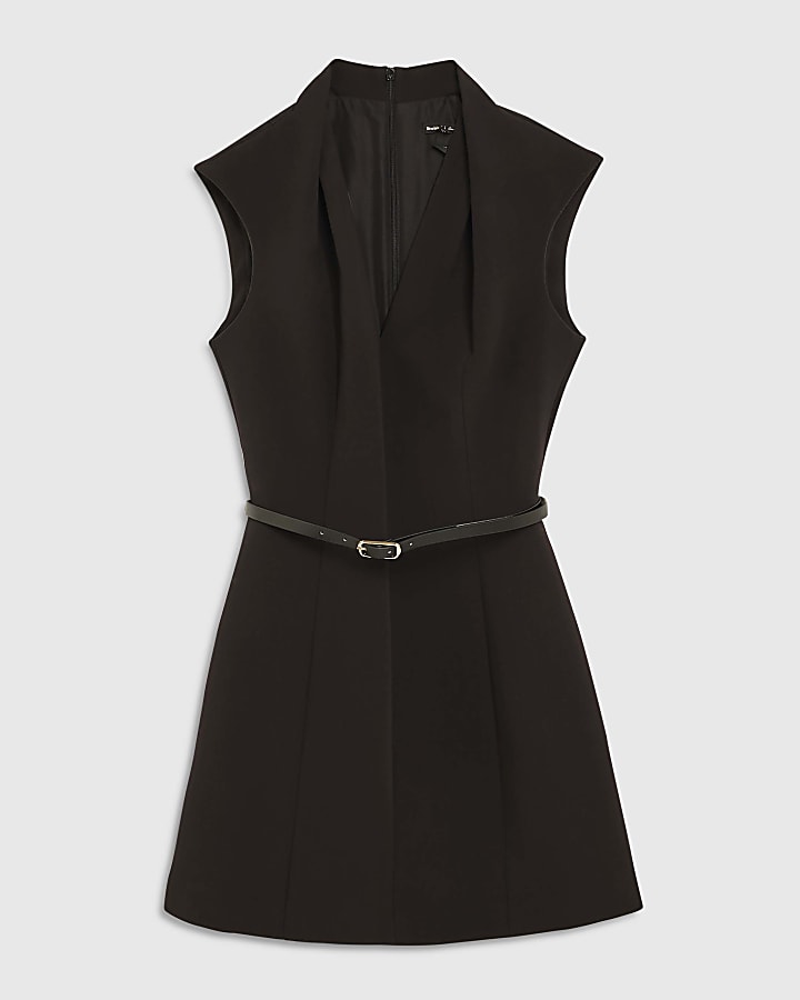 Black Tailored V neck Mini Belted Dress