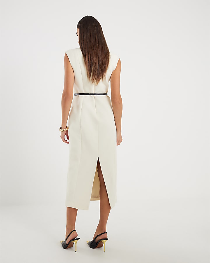 White Midi V Neck Belted Midi Dress