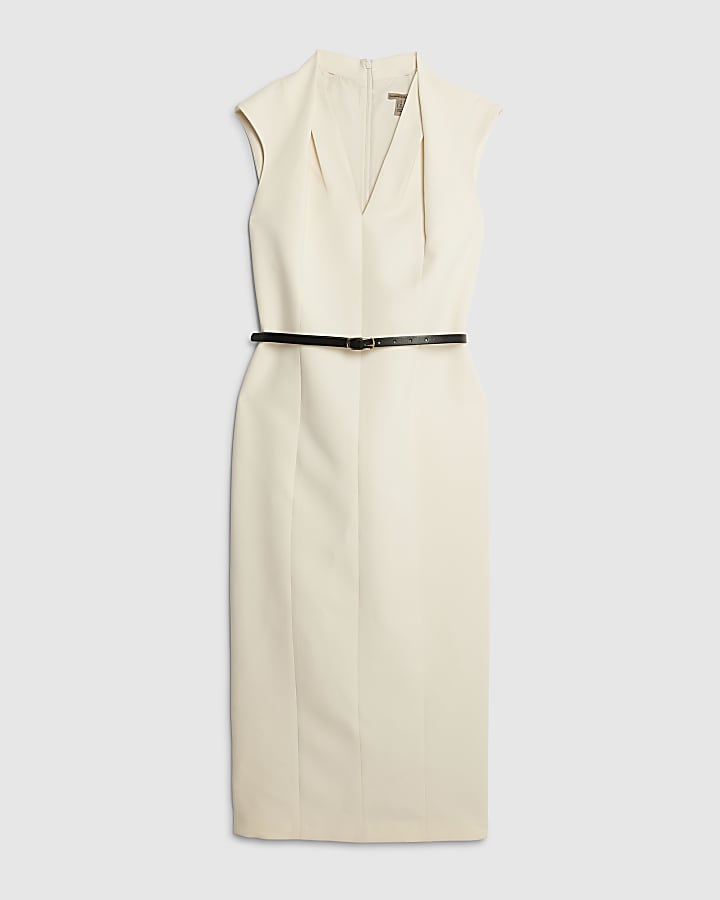 White Midi V Neck Belted Midi Dress
