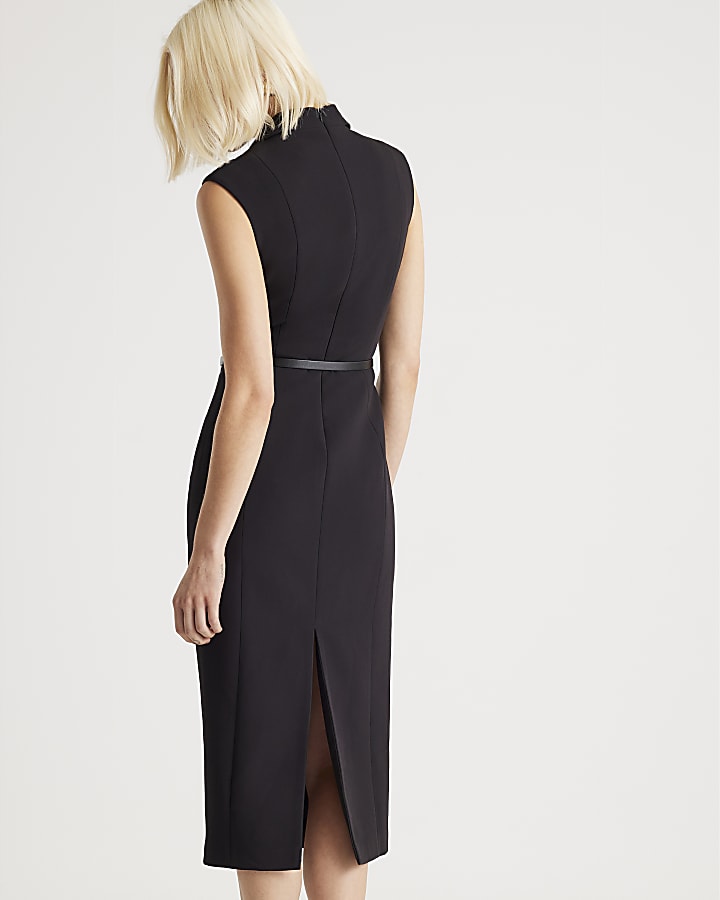Black v neck belted midi dress