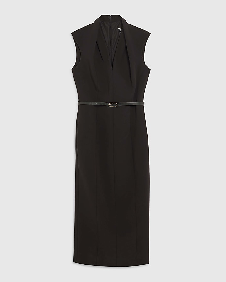 Black v neck belted midi dress