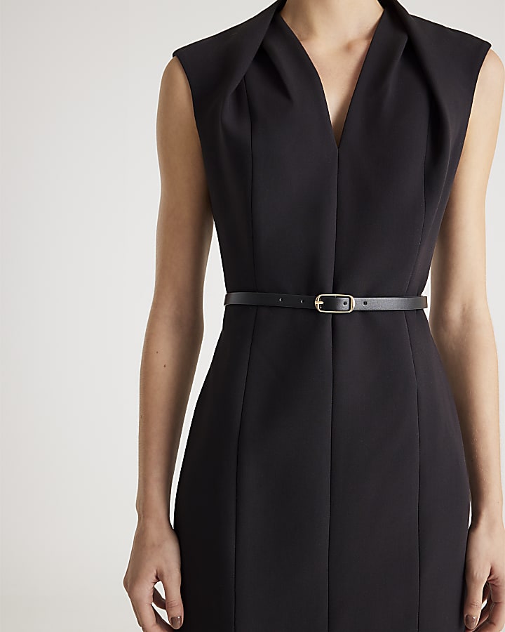 Black v neck belted midi dress