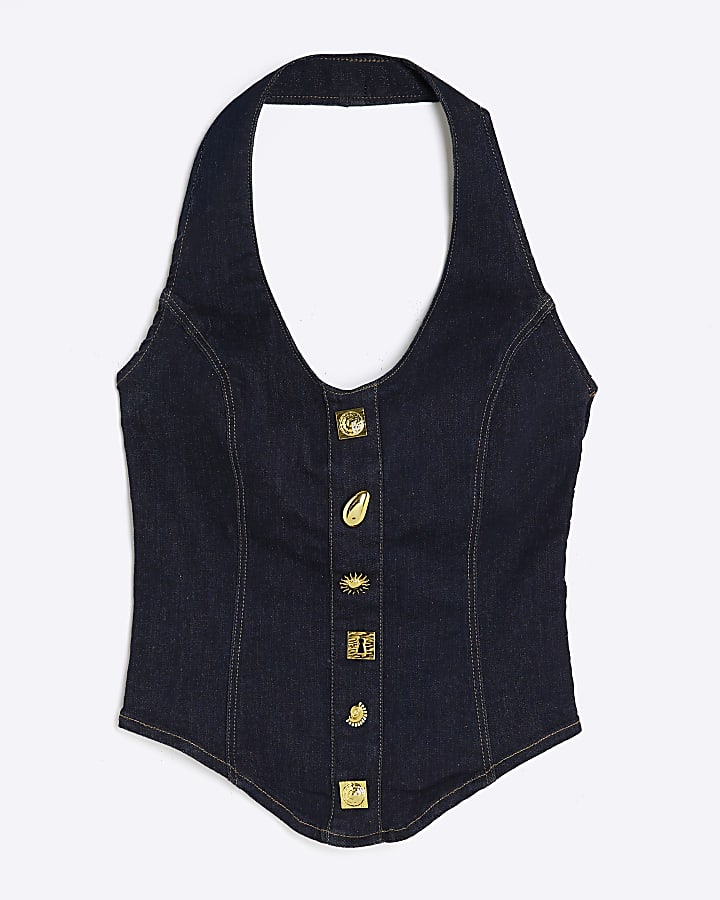 Blue Denim Halter Neck Button Top