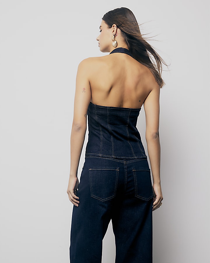 Blue Denim Halter Neck Button Top