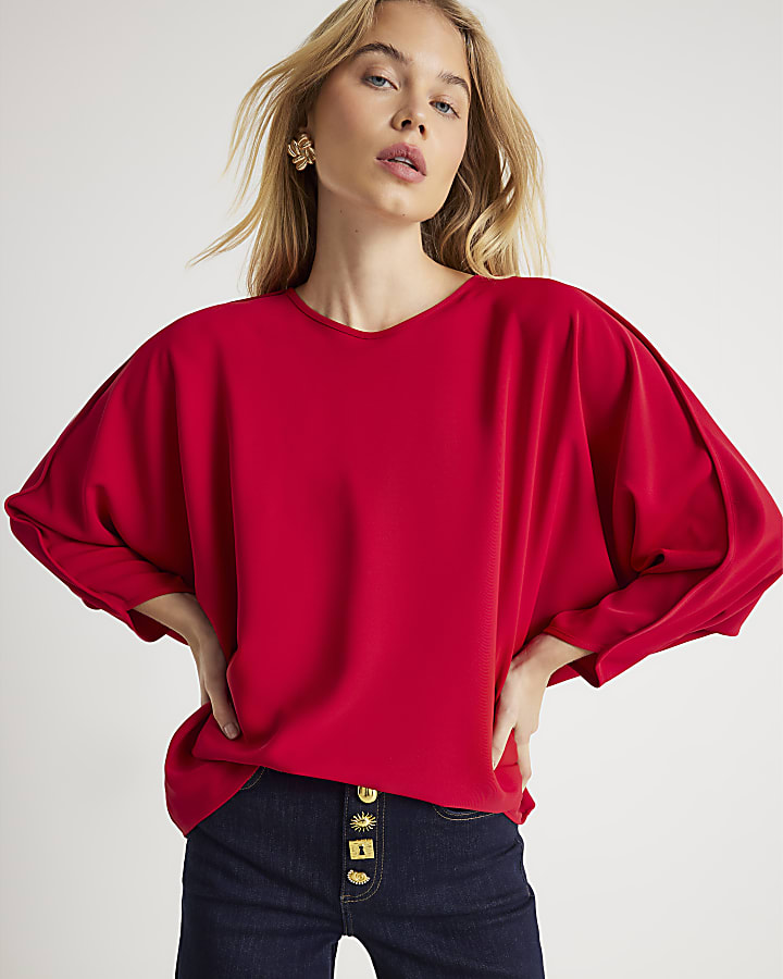 Red Long Sleeve Batwing Top
