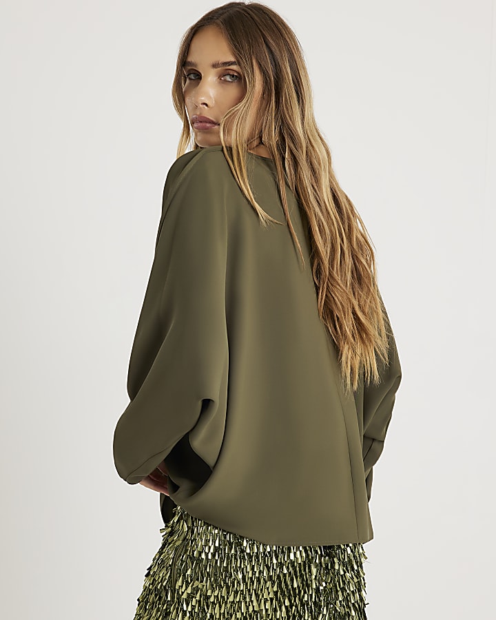 Khaki Long Sleeve Batwing Top