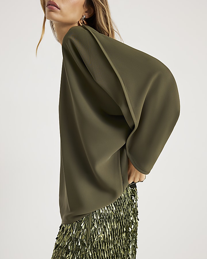 Khaki Long Sleeve Batwing Top