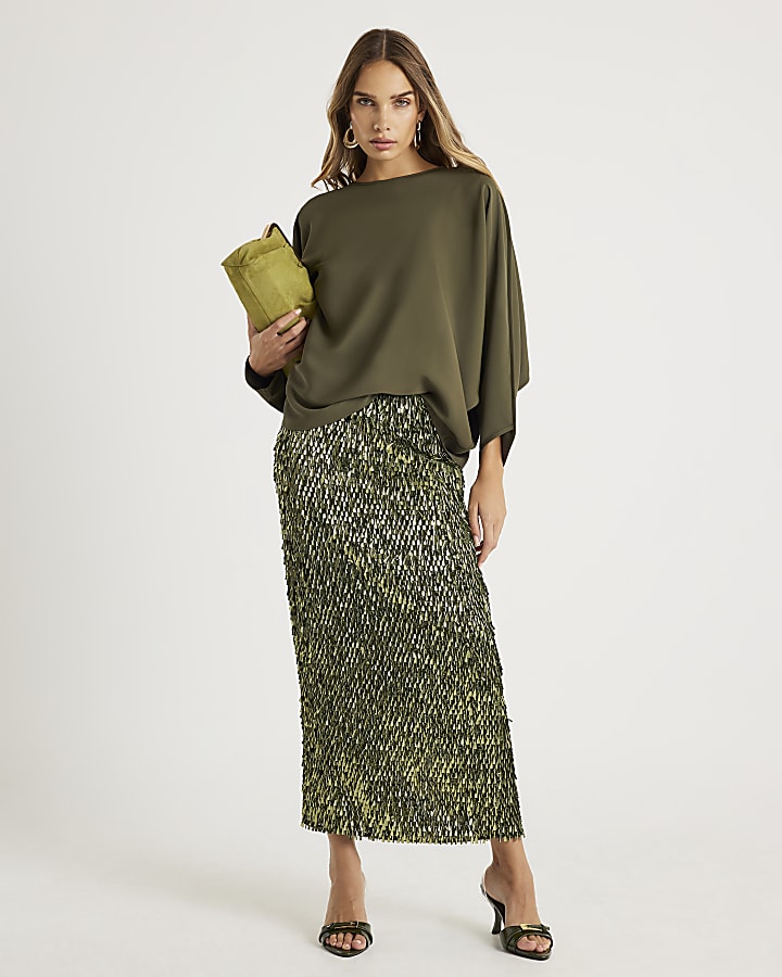 Khaki Long Sleeve Batwing Top