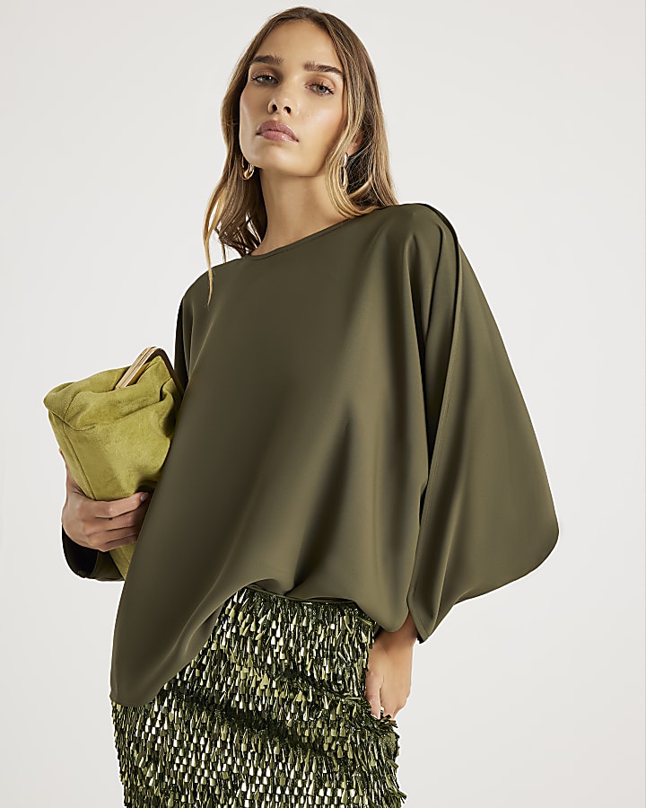 Khaki Long Sleeve Batwing Top