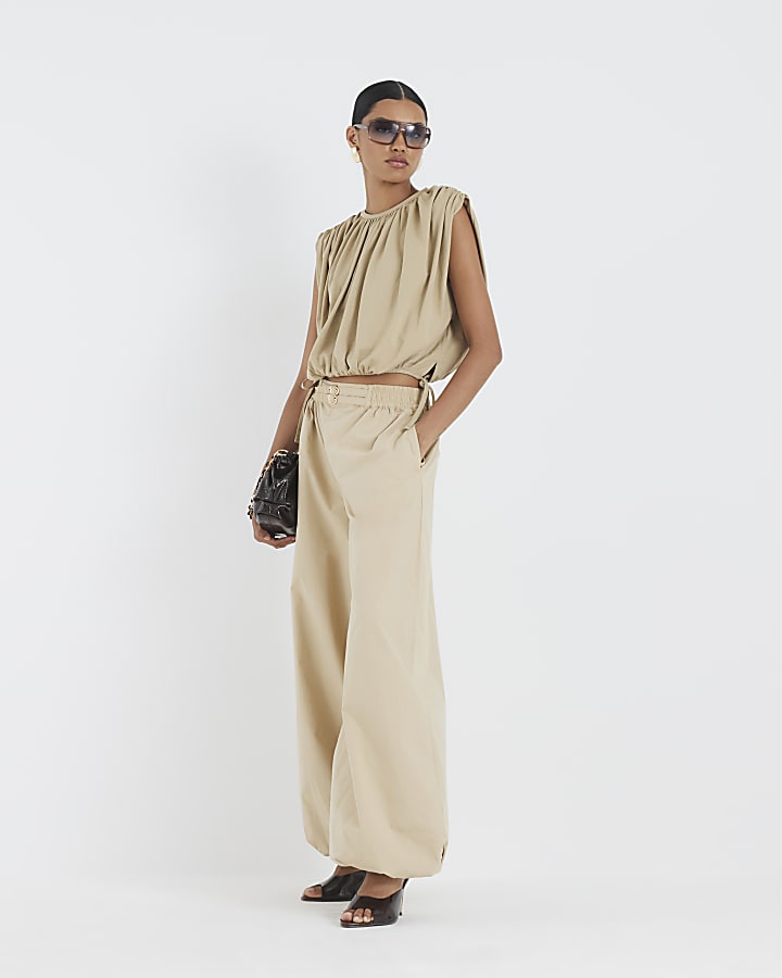 Beige Bubble Hem Ruched T-shirt